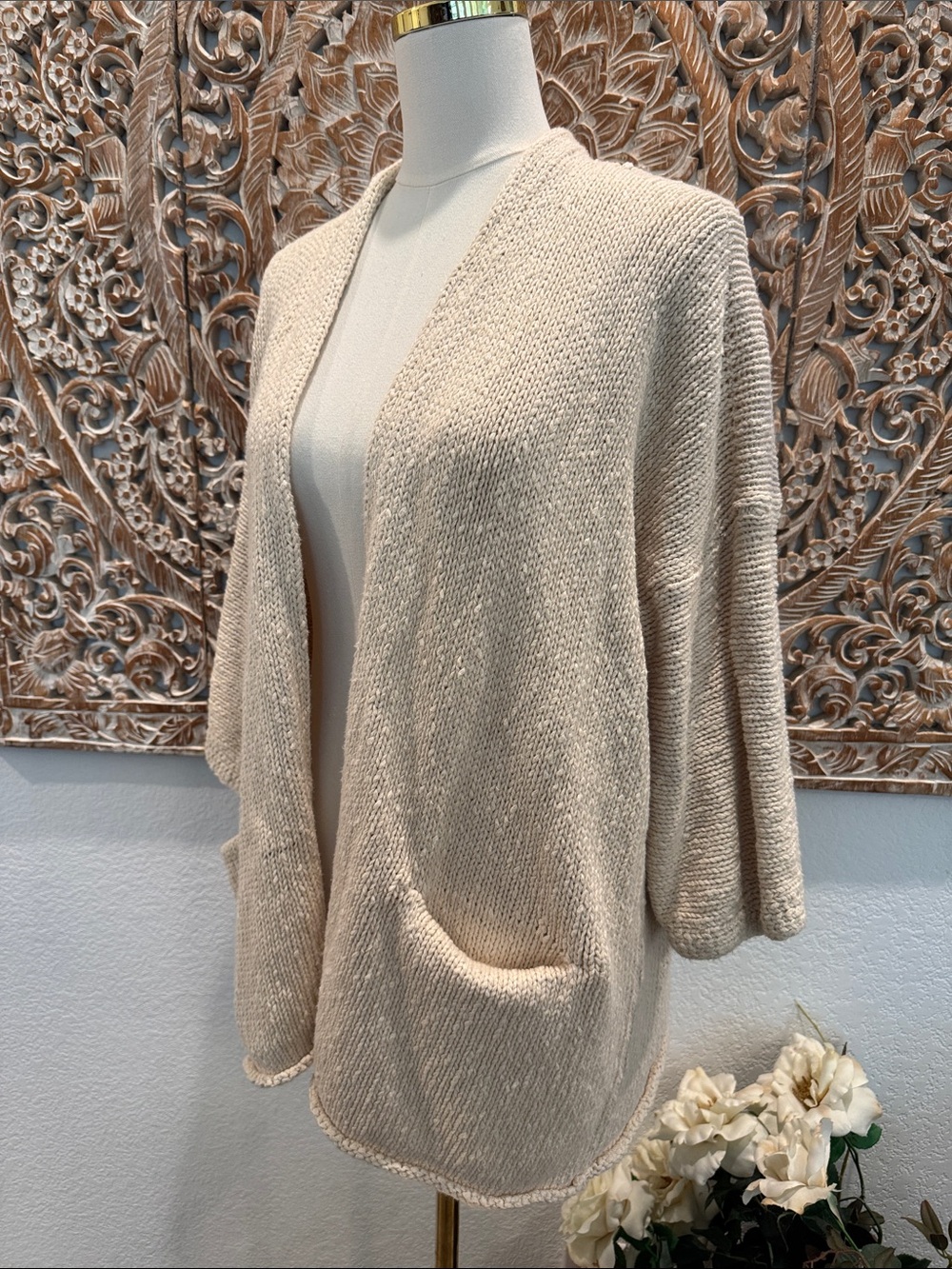 LOFT Cream Open-Front 3/4 Sleeves Cotton Knit Cozy Cardigan- size L - Picture 5 of 12